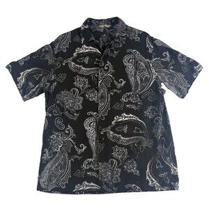 Paradise Collection Mens L 100% Silk Paisley Black Gray Aloha Resort Shirt